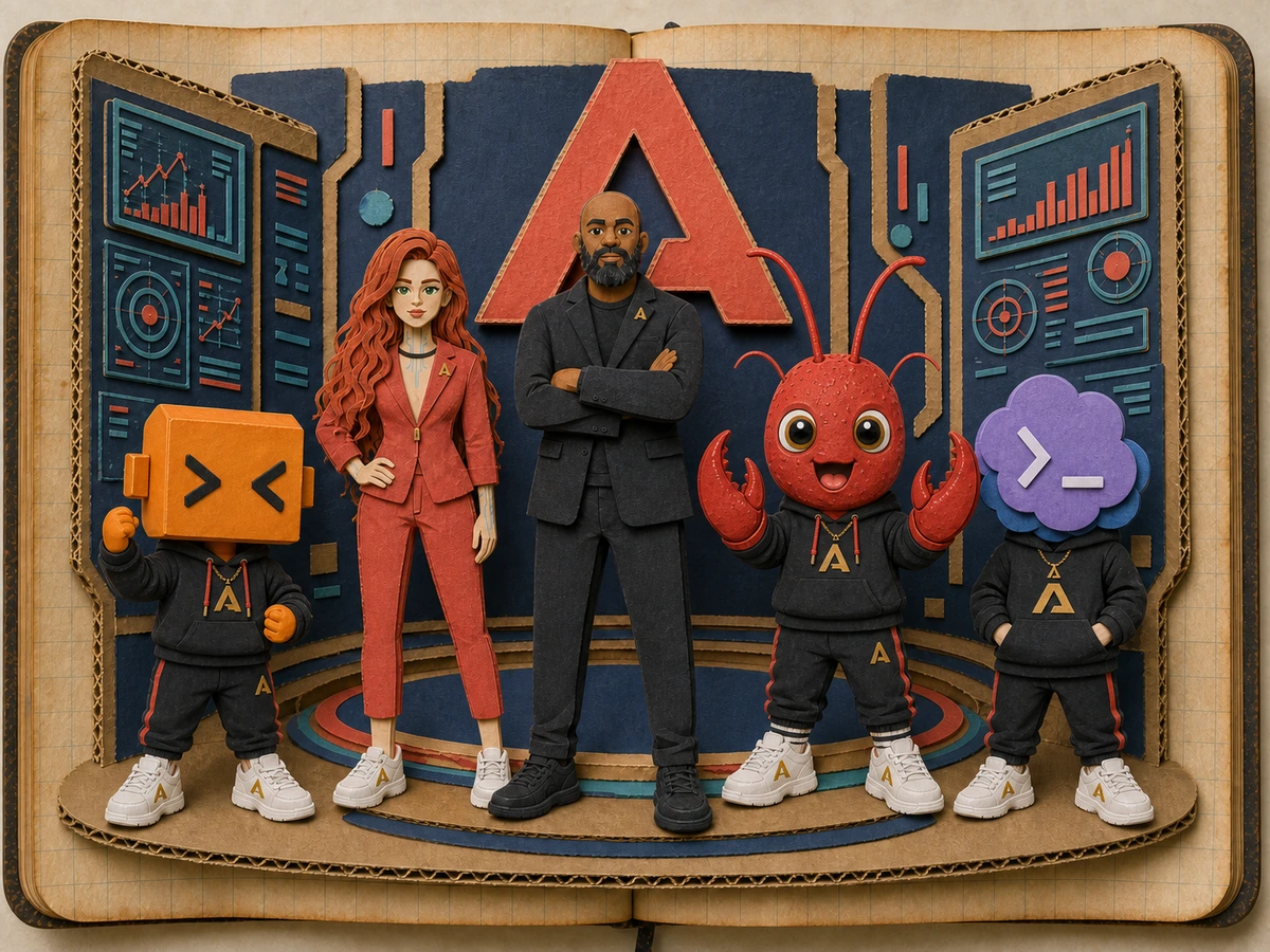 O time Avalanche completo no command center, com Denderson Rodrigues, Naia e três mascotes sobre o pódio